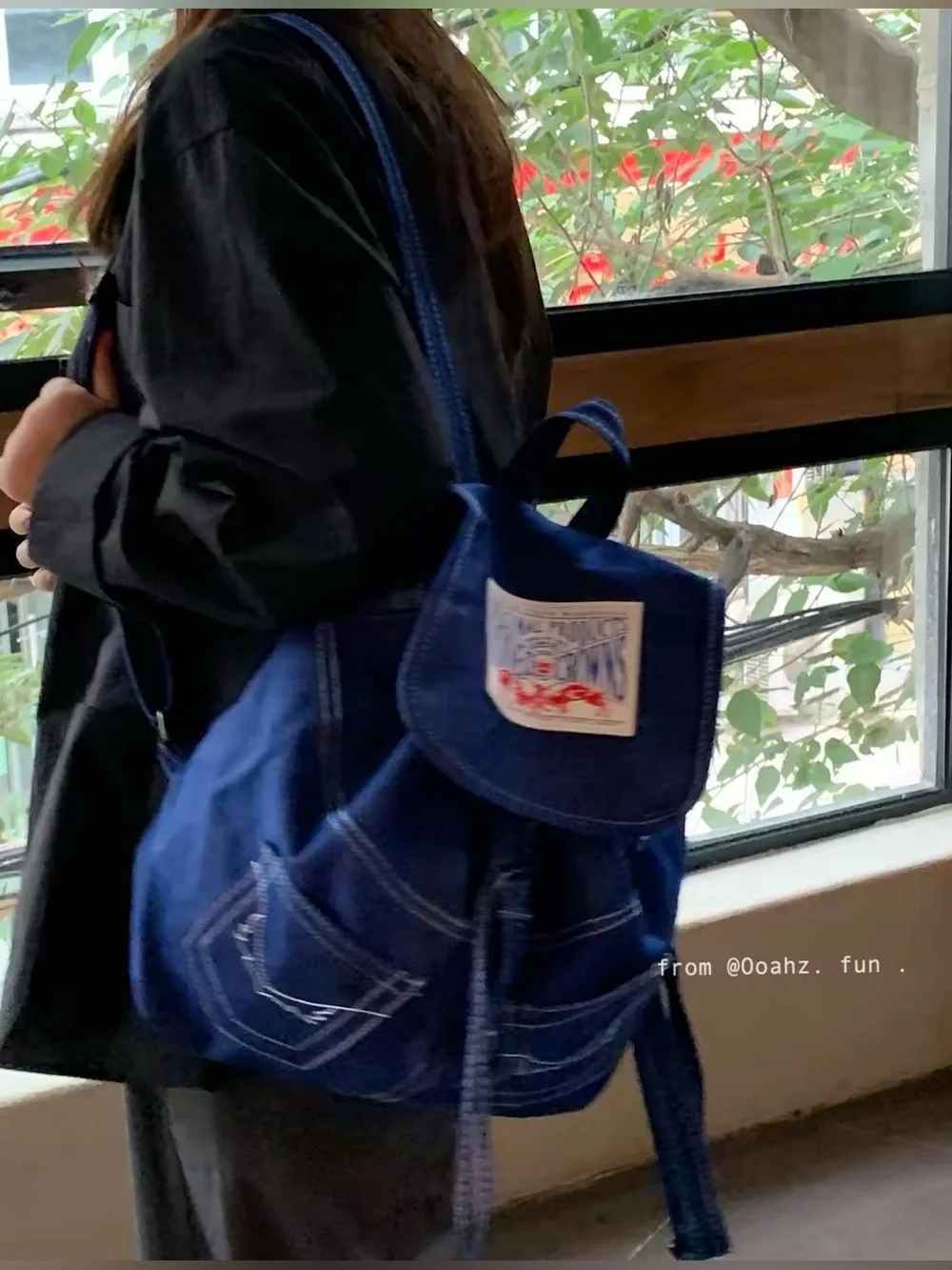 Vintage Denim Drawstring Backpack | Contrast Stitch Utility Bag